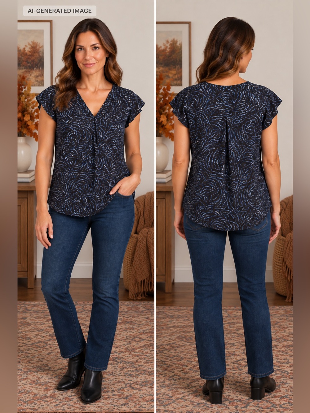 Reitmans Navy & Blue Abstract Print V-Neck Blouse
